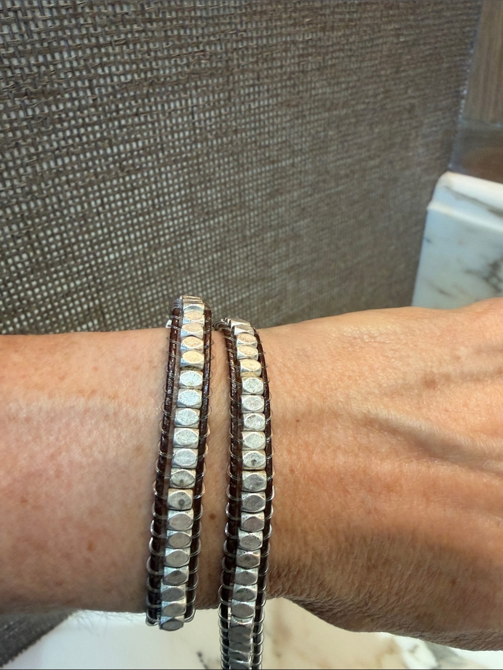 Stella and Dot Silver Beaded Double Wrap Bracelet in Brown